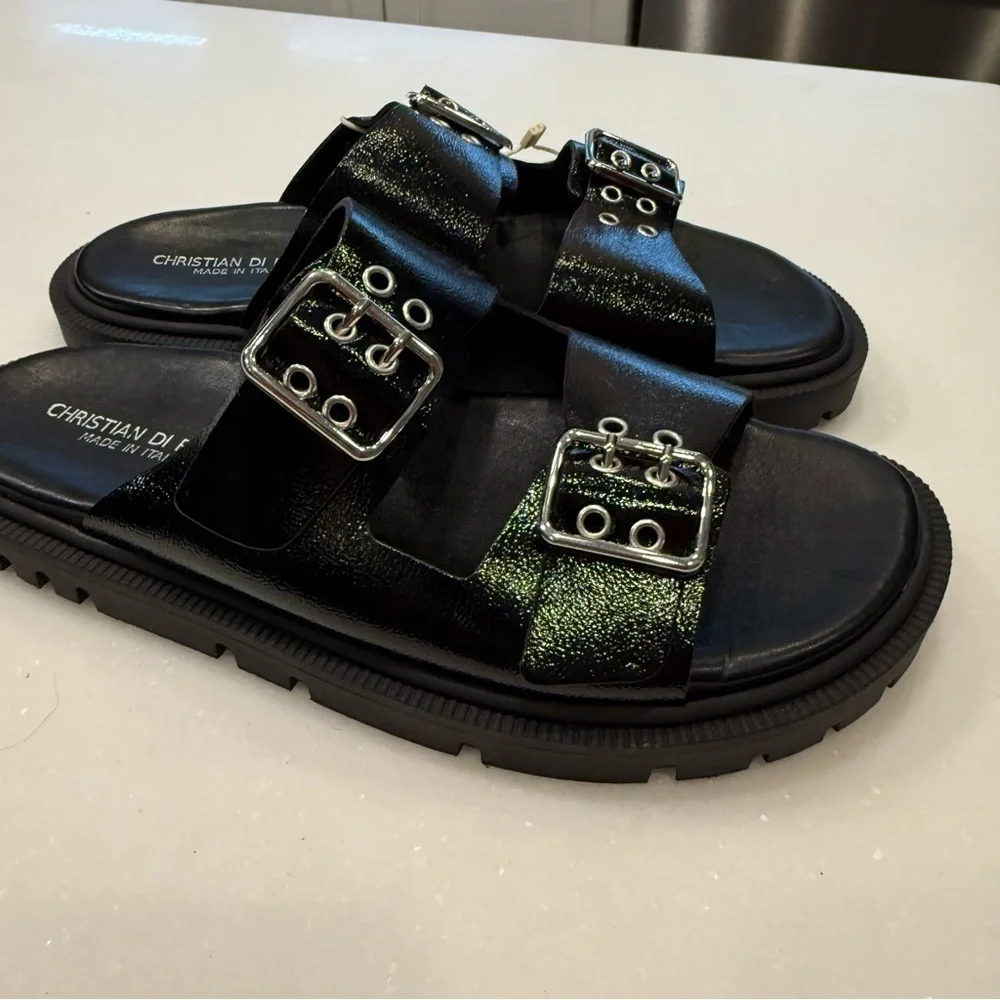 Christian Di Riccio Women’s Black Patent Leather Double Buckle Sandals Sz 8.5